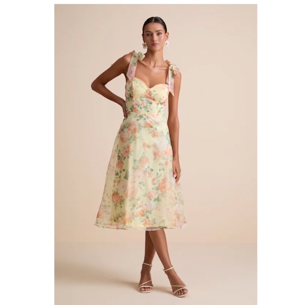 Lulus Olesya Light Yellow Floral Tie-Strap Midi Dress Size XL New with tags!
